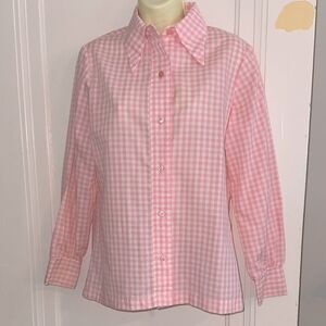 Vintage 70s Catherine Carr Pink & White Check Long Sleeve Polyester/Cotton Shirt